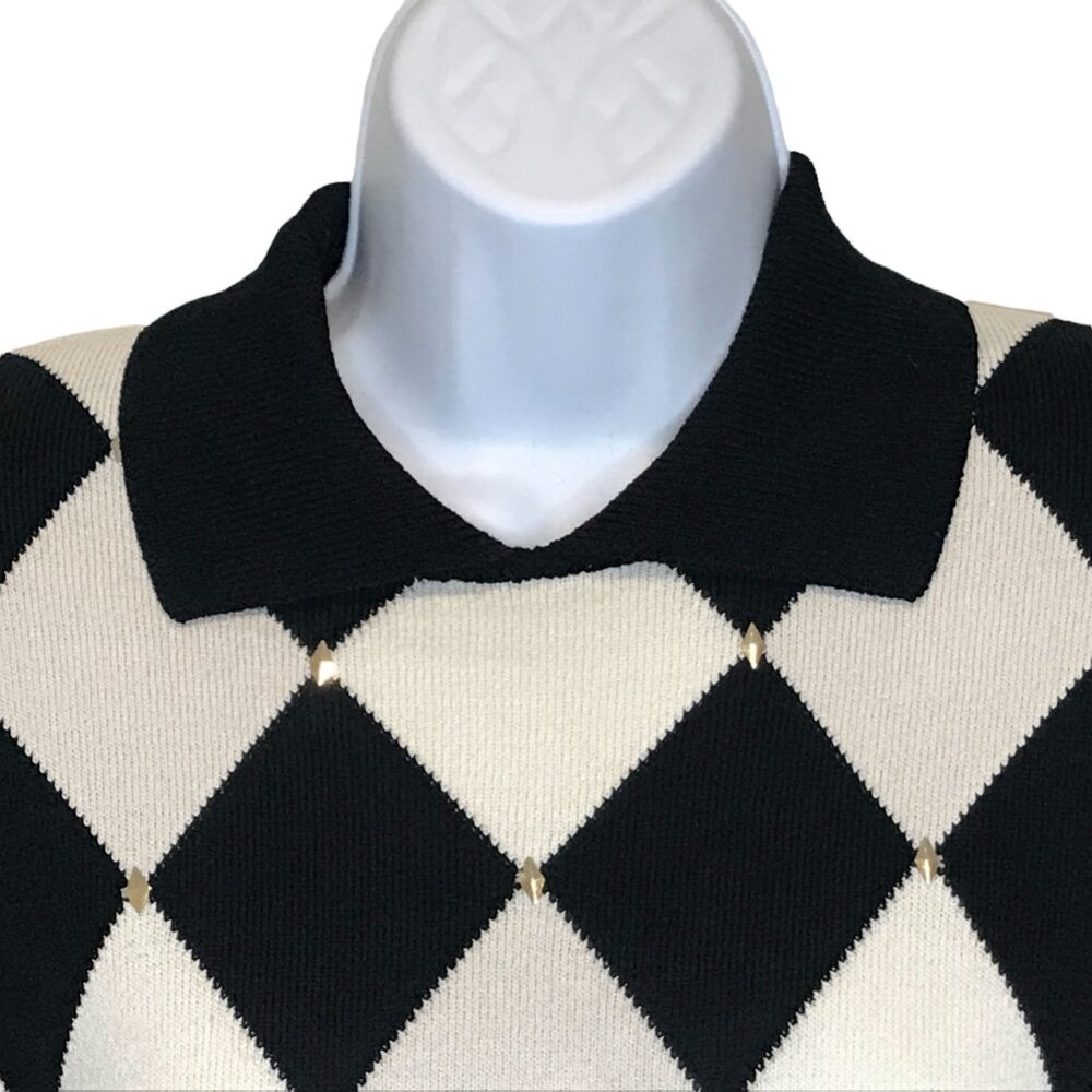 ST. JOHN Argyle Black White Diamond Collared Sweater Top - Size P - Picture 7 of 15